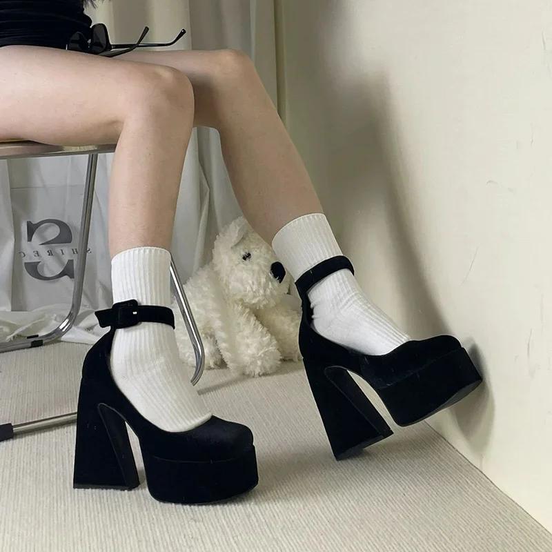 Fashion Women High Heel Pumps Fashion Lolita Shoes Women Chunky Platform Mary Janes Woman Square Toe Thick Heels Party Shoes Casual Shoe