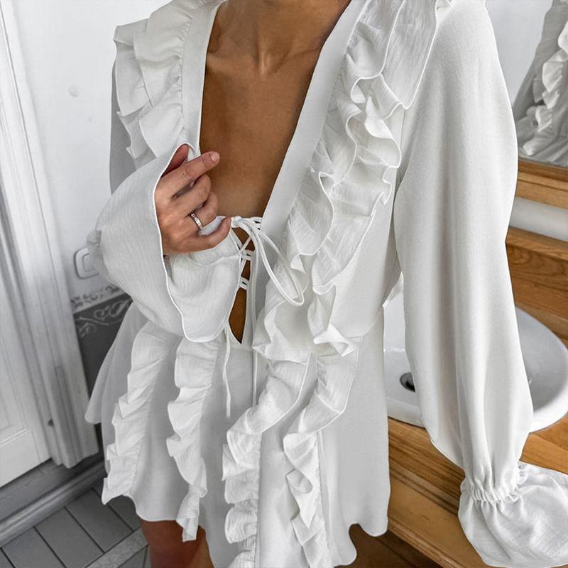 

Household Clothes Frill Long sleeve dress Lace-up Cardigan Nightdress Comfortable Soft Homewear White S