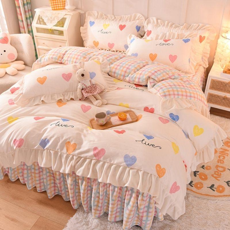 

K-style Bed Skirt Four-Piece Princess Style Sanded Sheets Quilt Cover Four-Piece Set Mattress Cover Bedspread Three-Piece Bedding Set 1.2m(4 ft) bed Heartbeat moment