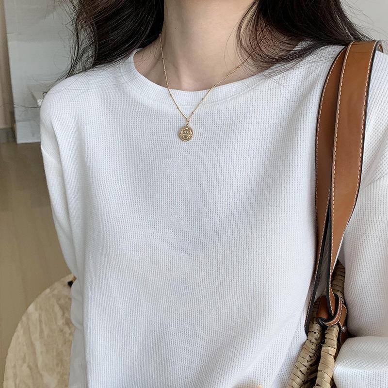Waffle design long sleeve T-shirt women's round neck loose and thin inside with a base of new spring and summer top trend