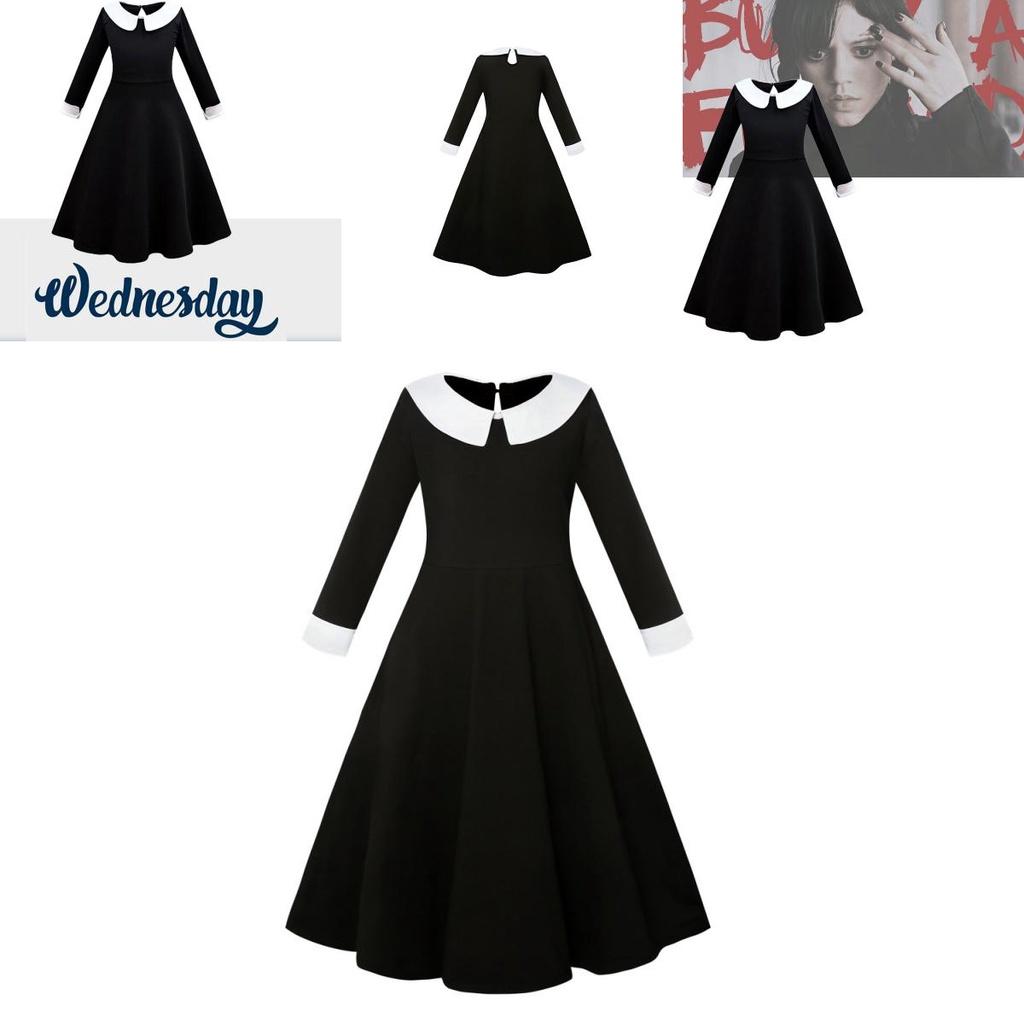 Addams Family Cosplay Girls' Long Sleeve Dress For Children Black Polyester Fabric