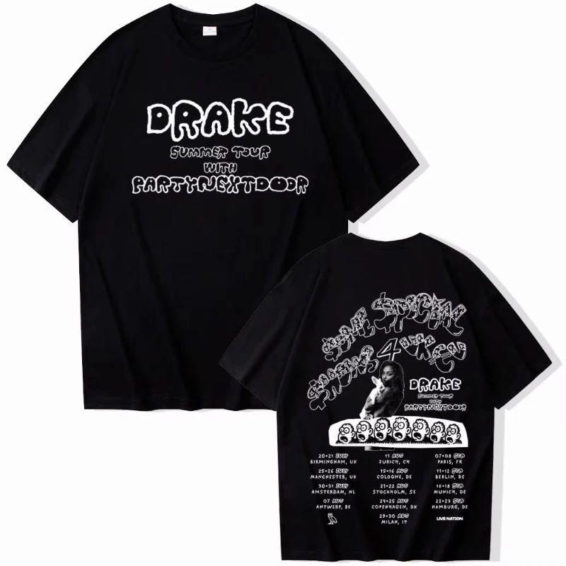 Y2K Hip Pop Print T-shirt Drake Europe Tour with Party Next Door T-shirt Harajuku O-neck Casual Shirt Gift Oversized Cotton
