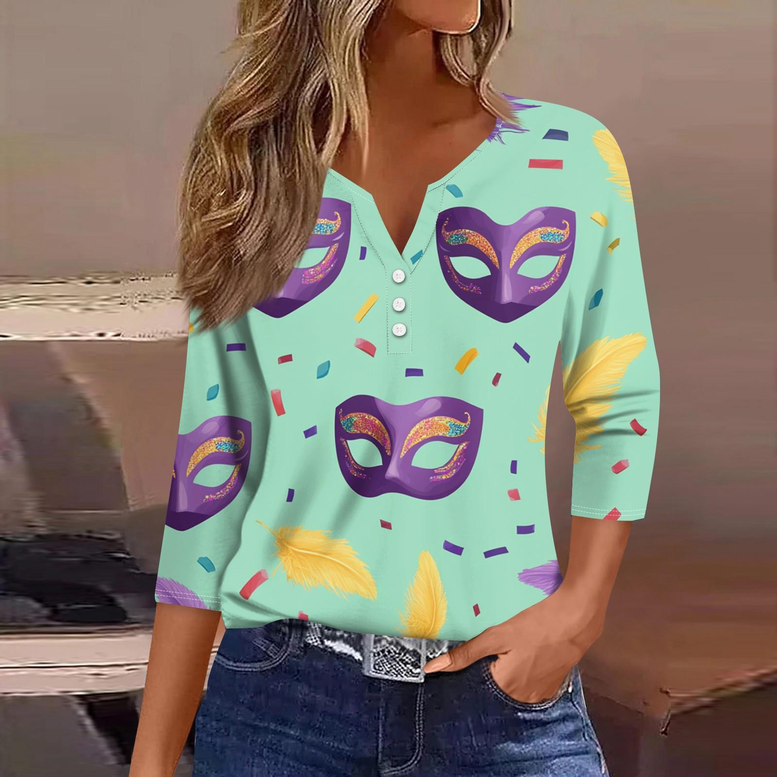 

Жіноча футболка з принтом на ґудзиках, рукав 3/4, повсякденна мода на вихідні, базовий V-подібний виріз, звичайний топ XXXL