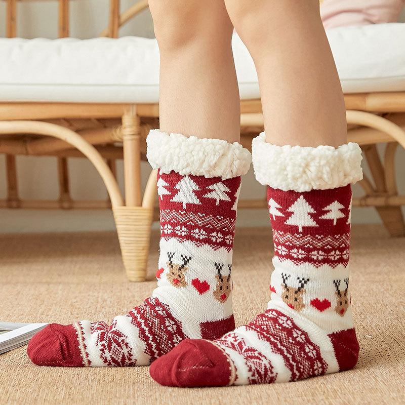 Women's Winter Velvet and Thick Christmas Glue Non Slip Home Sleeping Moon Floor Socks