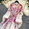 Summer New Pink Flower Print Chiffon Maxi Dress Women Long Lantern Sleeve Tiered Ruffle Long Dress Elegant Party Evening Dress