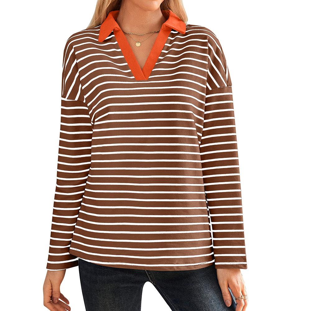 Spring Autumn Women's Striped V-Neck Loose Sweatshirt Lapel Sweatshirt