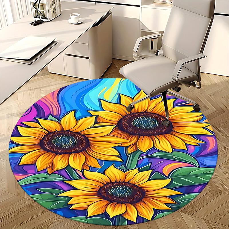 1pc Colorful Sunflower Round Carpet Anime Design Chair Mat, Non Slip Rug for Office & Home Decor