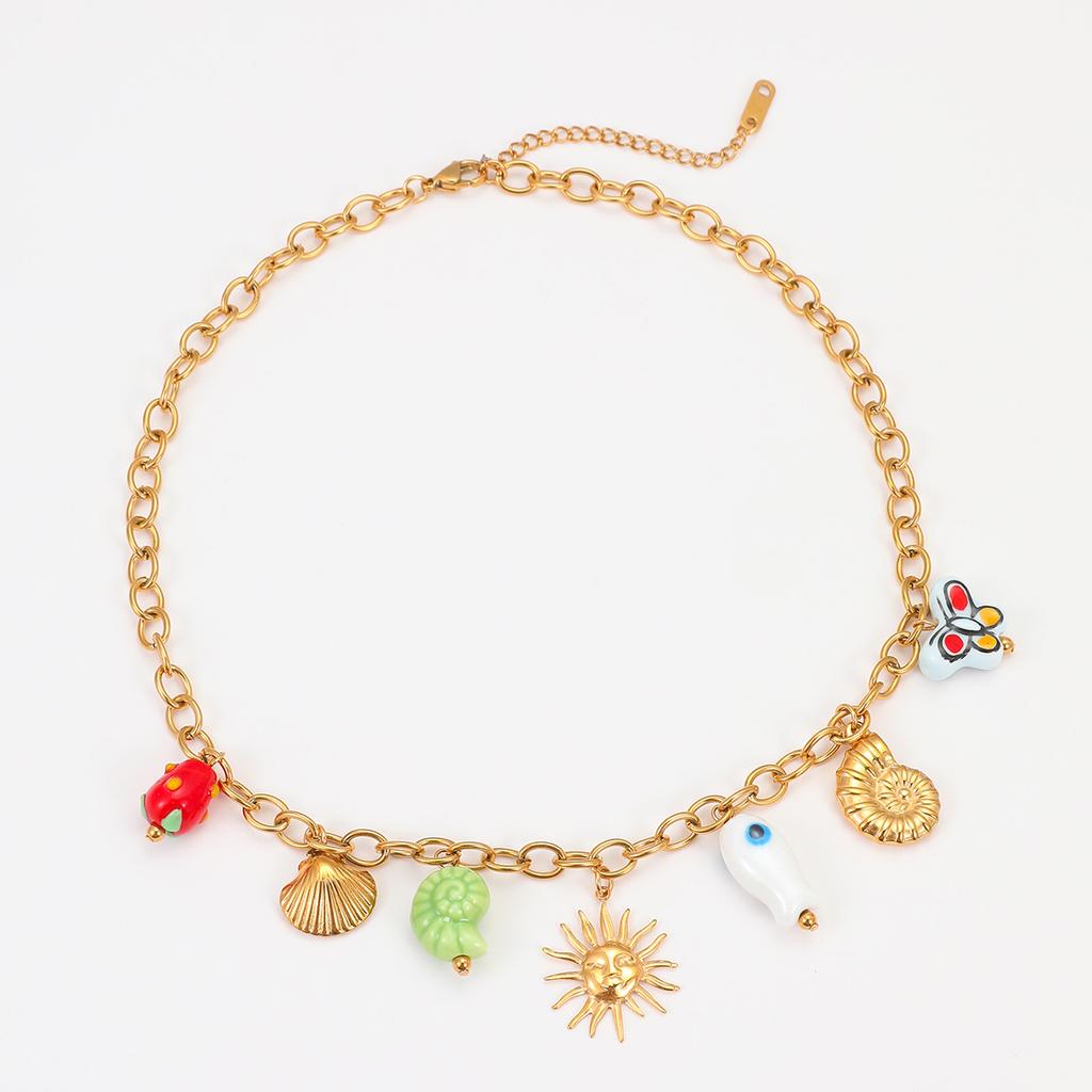 GEMCHIC Women's Ocean Beach Vacation Stainless Steel Necklace with Seashell and Sun Charms