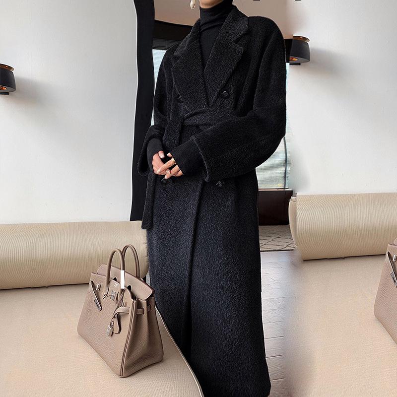 Women s White Alpaca Wool Mid-Length Coat - High-End Suri Wool Winter 2025 Style M