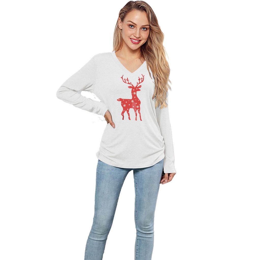HNXC Solid-color Christmas Snowflake Spotted Deer Print Casual Long-sleeved T-shirt for Women