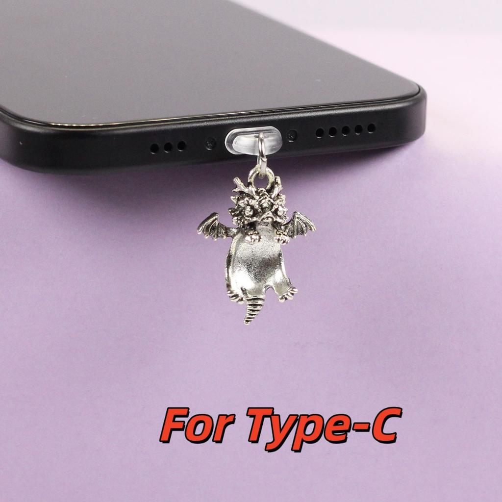 Mobile Phone Dust Plug In Deep Silver Color with Small Flying Dragon Pendant and Decoration, Suitable for IPhone Type-C Interface, Gift Trinket