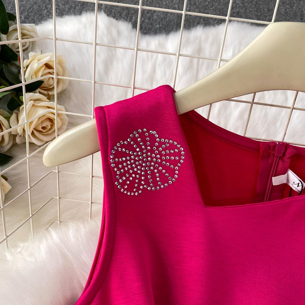 Dinner Party Dress Women's Summer High Sense Hot Diamond Flower V-Neck Sleeveless Slim Skinny Split Dress