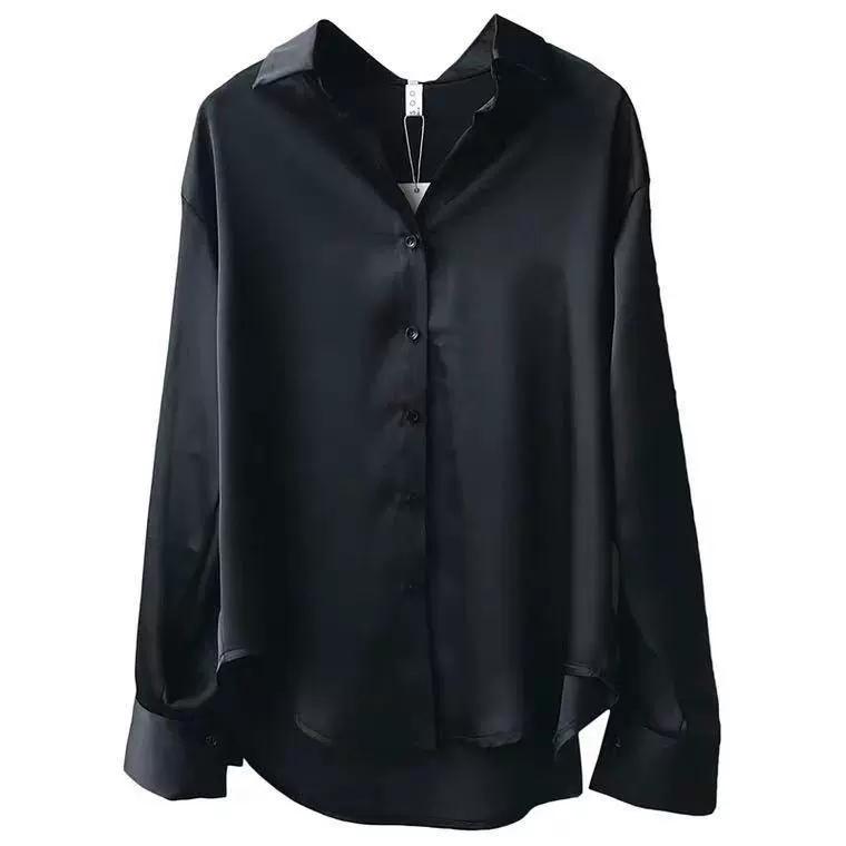 White Shirt Women's Autumn and Winter Design Sense Niche Satin Shirt All-match Retro Hong Kong Temperament Long-sleeved Drape Top