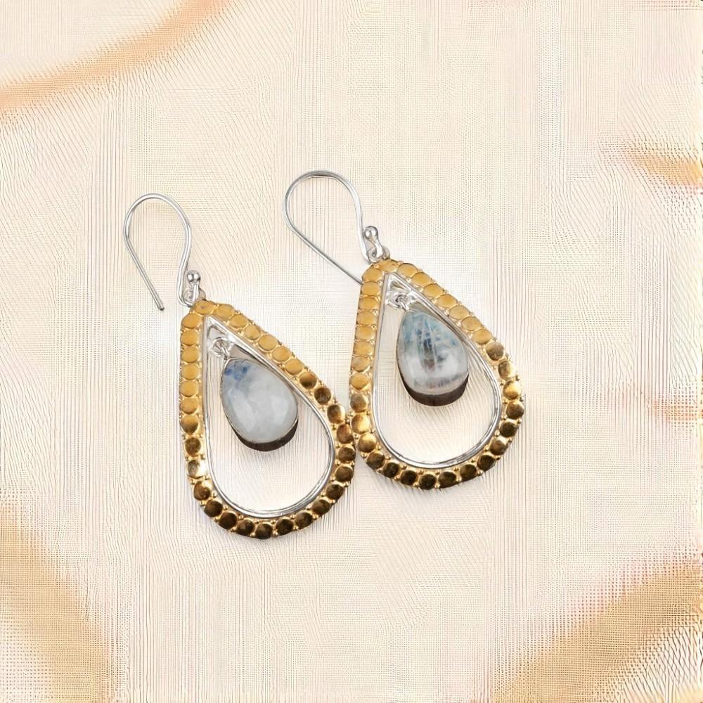 Rainbow Moonstone Gemstone 925 Sterling Silver Jewelry Handmade Earrings 2.27" EE-82-28