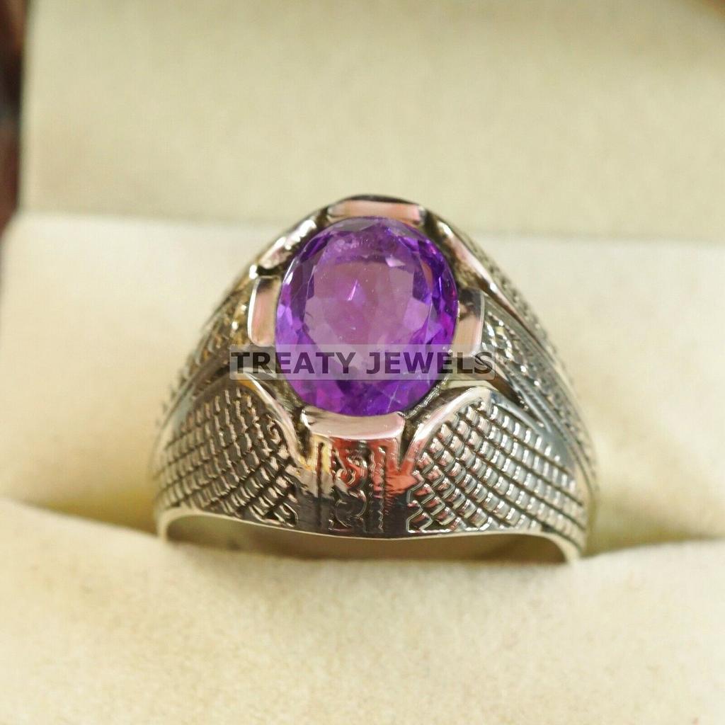 Bague en Argent Sterling 925 avec Pierre Précieuse Améthyste Taille Ovale Pour Homme #A674 JL375658843111
