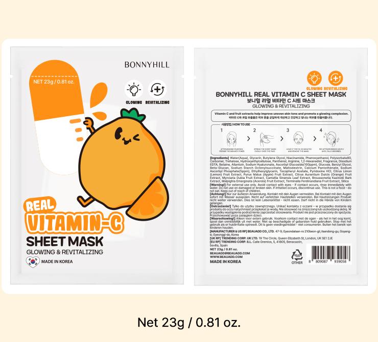 BONNYHILL Real Vitamin C Sheet Mask 5pcs / Nourishing, Brightening, Moisturizing, Korean Cosmetics, Kbeauty