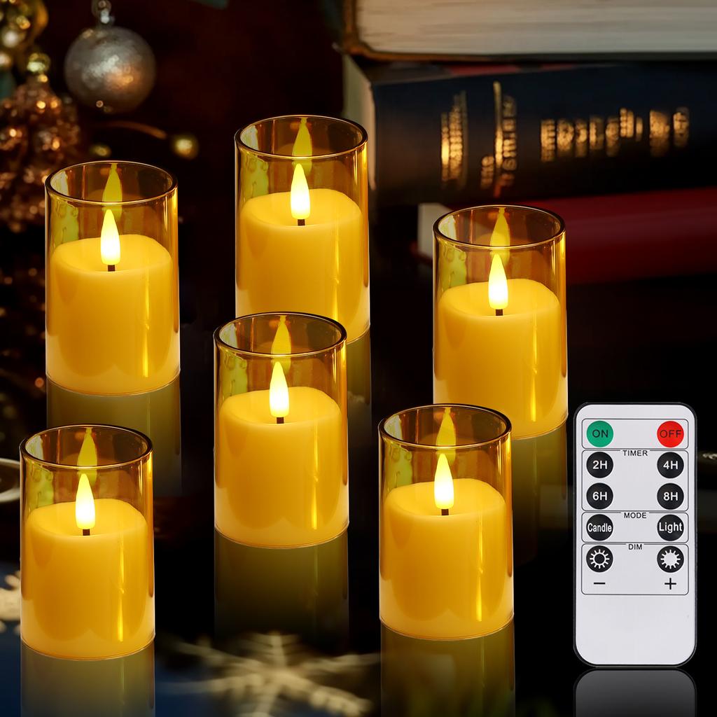Set of 6/12 Acrylic Flameless Flickering LED Candles with Remote & Timer 3D Wick Pillar Electronic Candles for Wedding Christmas