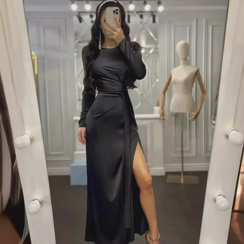 Elegant Spring/Summer Long Sleeve Waist-Tied Dress with Slit