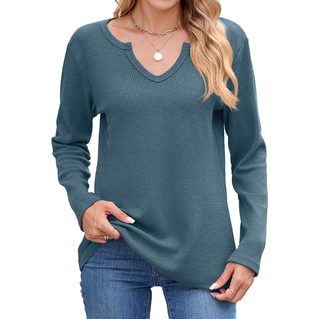 

Новый однотонный топ-футболка с V-образным вырезом и длинными рукавами свободного кроя для женщин на осень и зиму XXL сине серый