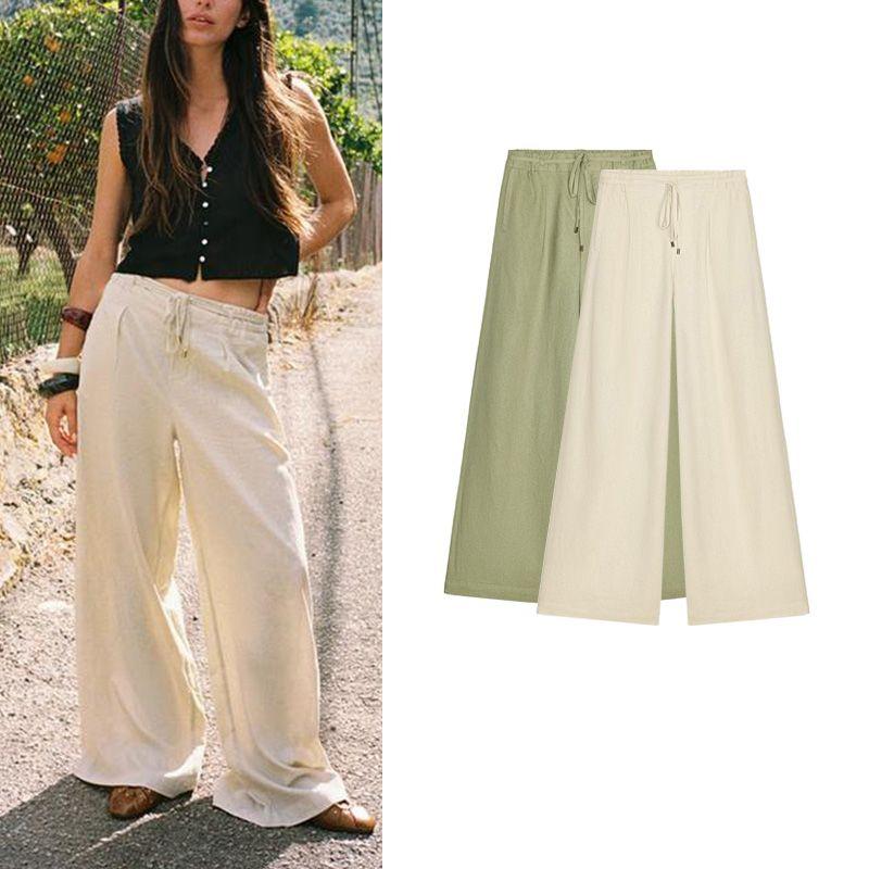 Summer New Product Women's Clothes Pleated Decorative Linen Blend Plaid High Waist Wide Leg Casual Trousers 4745024