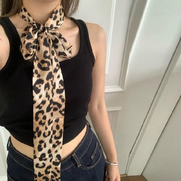 Leopard Pattern Long Neckerchief Skinny Scarf Necktie Handbag Wrap Handle Satins Belt for Wmen Bag Handle Accessory