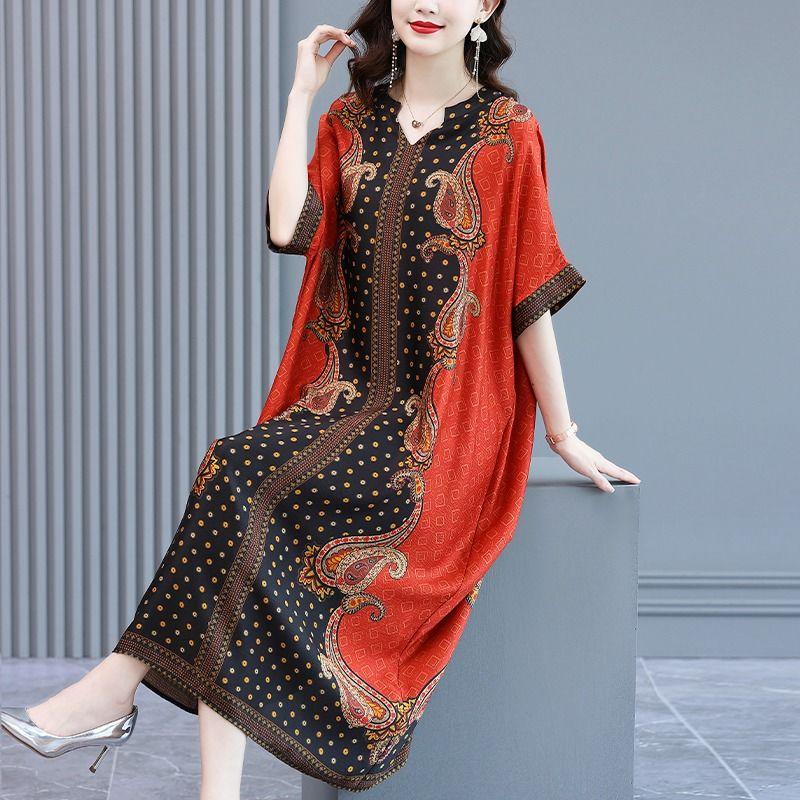 

Народное платье макси с принтом пейсли, сшитое вставками, женское повседневное с V-образным вырезом, летнее, с коротким рукавом, винтажное, А-силуэта, свободное 5XL красный