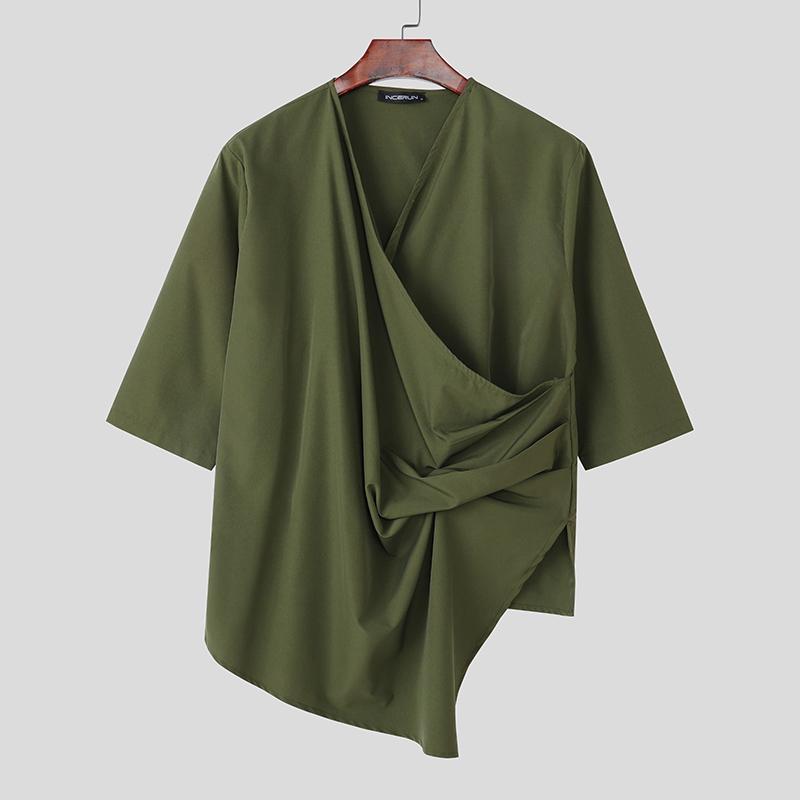INCERUN Oversized Men V Neck Short Sleeve Solid Color Casual Loose Irregular T-shirts Tops