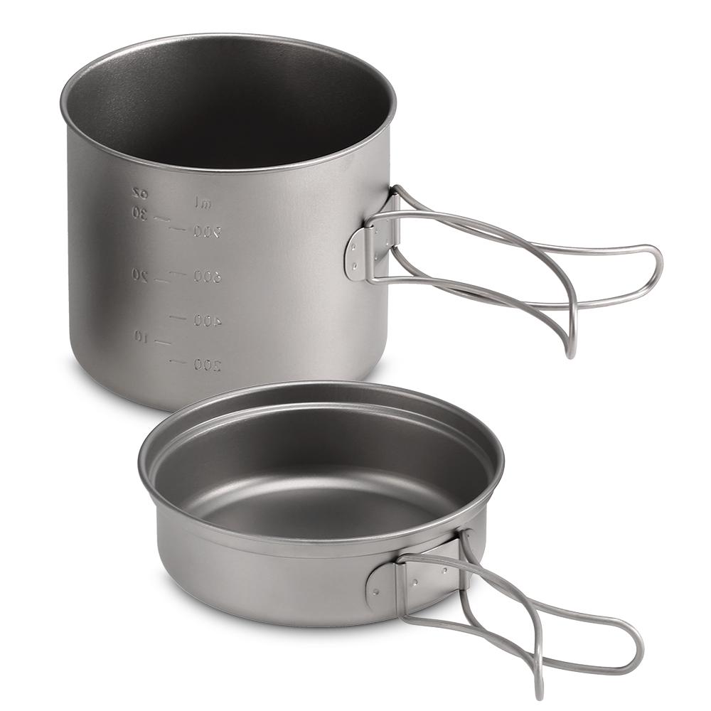 1100ML / 1600ML Titanium Pot Pan Set Super Lightweight Camping Cookware Set Portable Cooking Tool