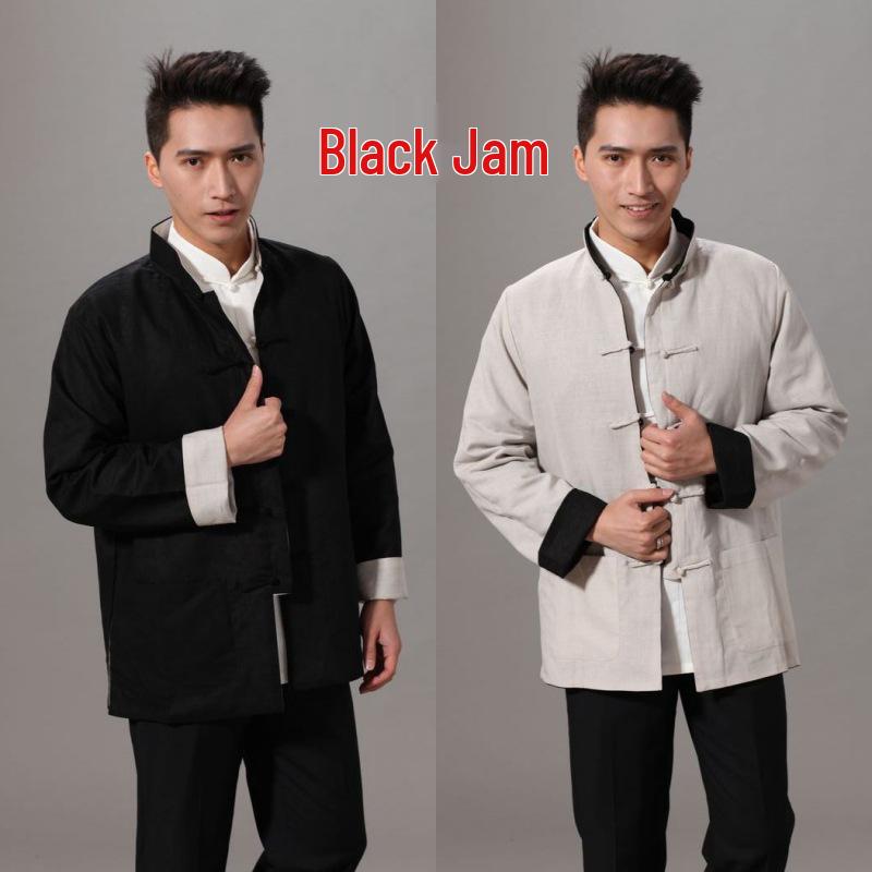 Men's Ethnic Style Tang Suit Jacket: Reversible Cotton-Linen Long Sleeve Hanfu for Spring/Autumn