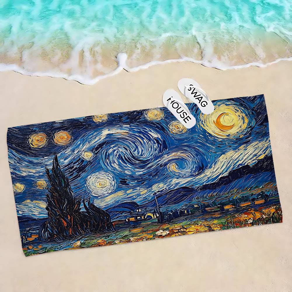 Van Gogh Starry Sky Art Microfiber Printed Beach Towel Mountain Climbing Yoga Beach Swimming Running Absorbent Soft Towel