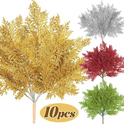 Ramas de pino artificiales con purpurina, plantas falsas, adornos para árbol de Navidad, hojas con lentejuelas doradas y brillantes, suministros para decoración del hogar para fiestas navideñas