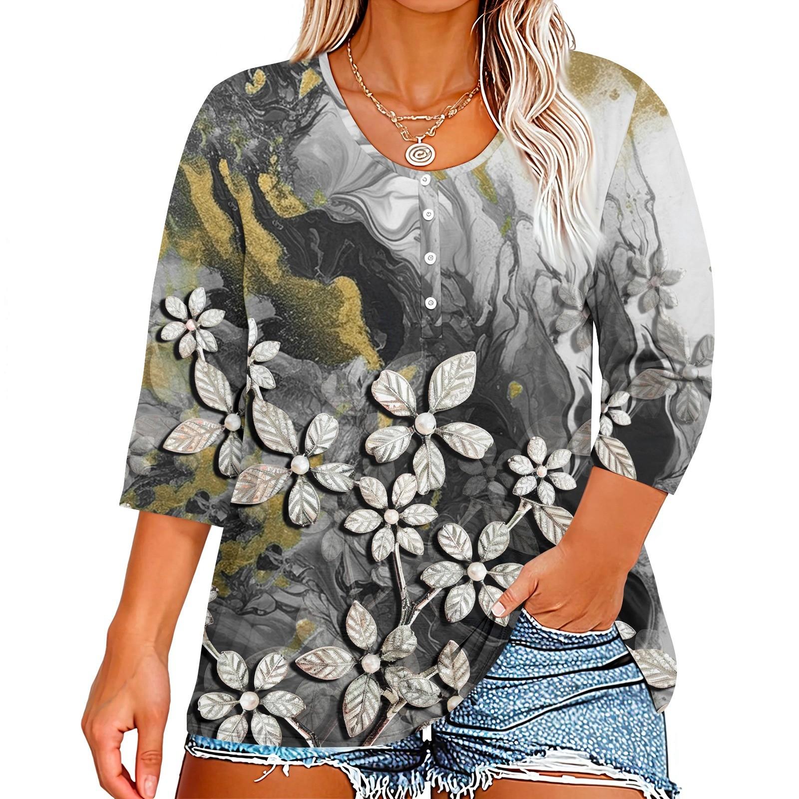 

Рубашки с рукавом 3/4 для женщин, футболки с рисунком и пуговицами, блузки с v-образным вырезом, повседневные базовые топы больших размеров, пуловеры XXXXXL