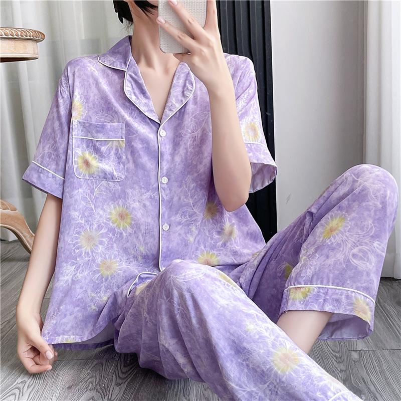 Korean version of sweet girl short-sleeved pajamas women's spring summer cotton and silk shirt collar can be worn outside loungewear princess