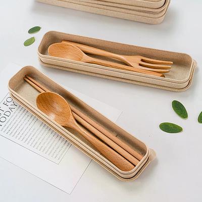Natural Wooden Spoon With Box Handmade Wooden Fork Chopsticks Dinner Kit Kitchen Accessories