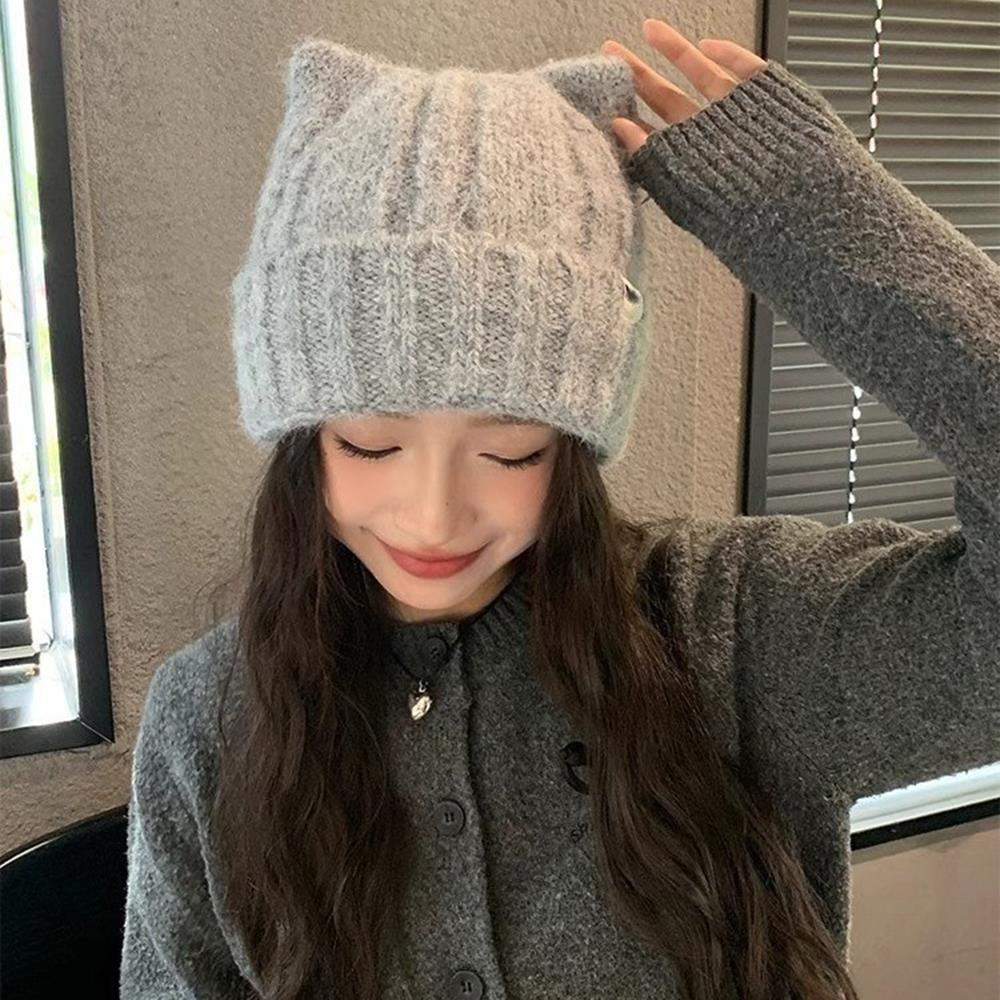 Korean Cat Ear Knitted Bonnet Beanies Cute Women's Winter Hat Woolen Crochet Hat Winter Women Hood Hat Fashion Warm Headwear Cap