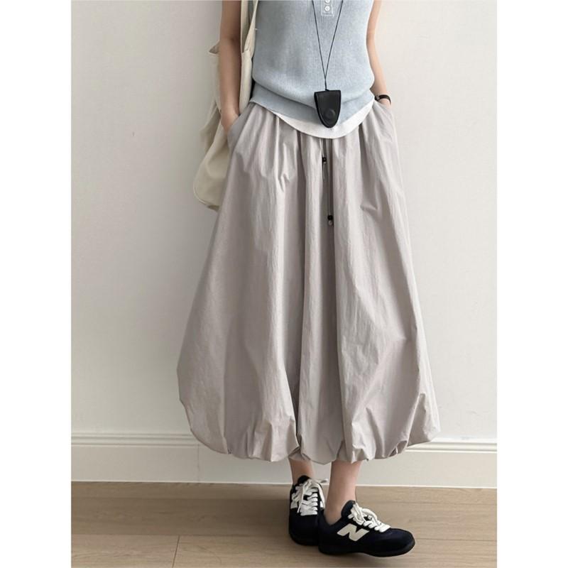 Johnature Japanese Casual Puffy Bud Skirt Women Summer Elastic Waist Solid Color Simple Loose Pockets Women Skirts