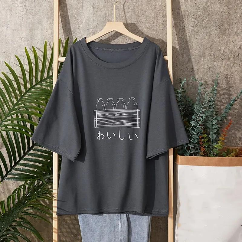 T-shirt Women Cotton Summer Casual Large Size Loose Round Neck Pullover Short-sleeved Tops