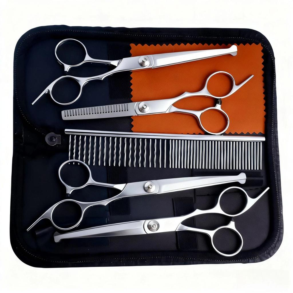 Portable Pet Grooming Scissor Set: Flat & Curved Hairdressing Tools