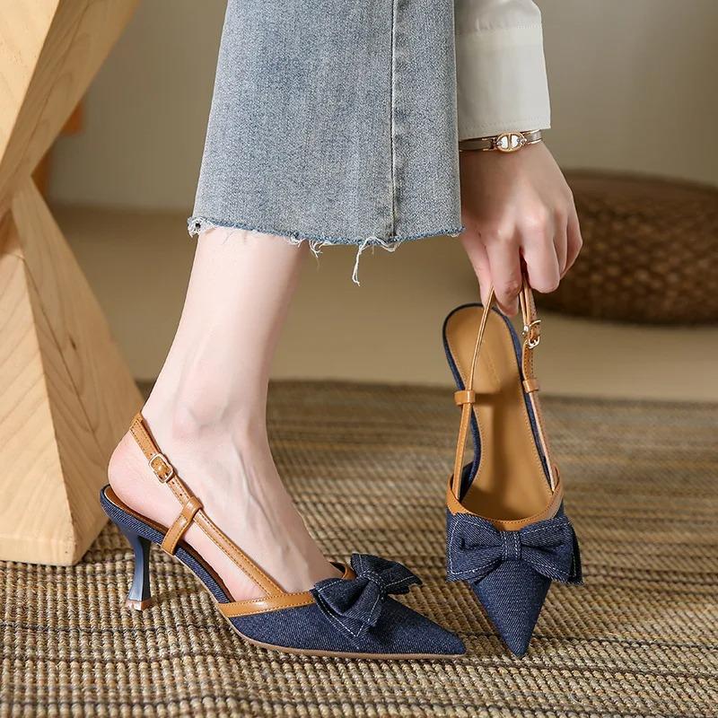 Pointed Heel Sandals Velvet Shoes Suit Female Beige Women's Suede Low Closed Denim Black Fashion Real Girls Stiletto Retro