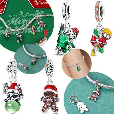 Original Red Candy Cane Elk Christmas Tree Pendant Copper Charm Bead Fit Bracelet Women Fine Gift Jewelry Accessory