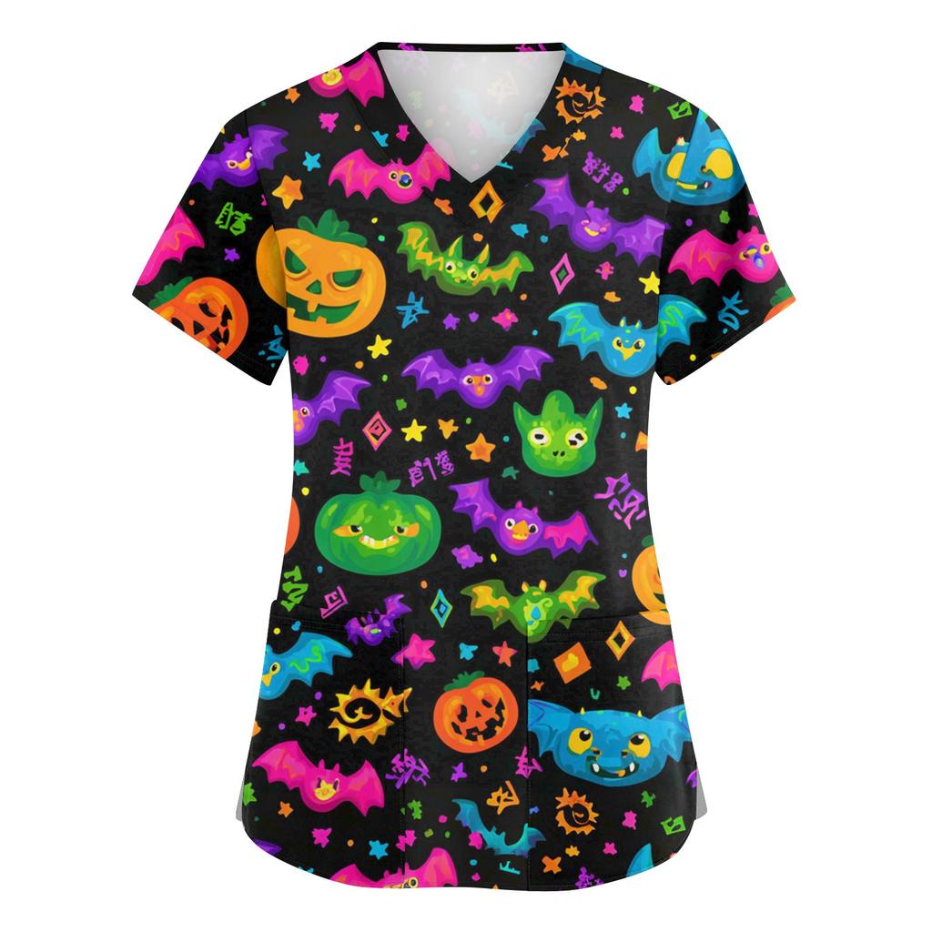 Salopette da donna alla moda con scollo a V e maniche corte con tasche, top stampati, vestiti