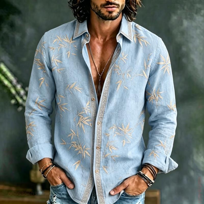 Men's Long Sleeved Shirt with Bamboo Leaf Pattern Full Printing, Daily Commuting, Travel, Vacation, Fashionable and Trendy Shirt