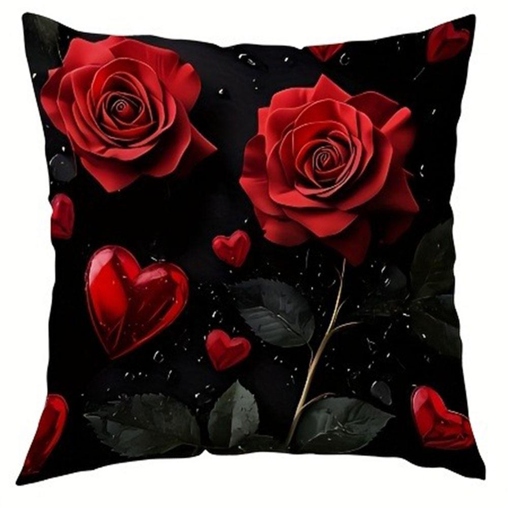 Red Rose and Love Heart Pattern Home Decor Pillow Cover Living Room Sofa Polyester Cushion Cover with Zipper
