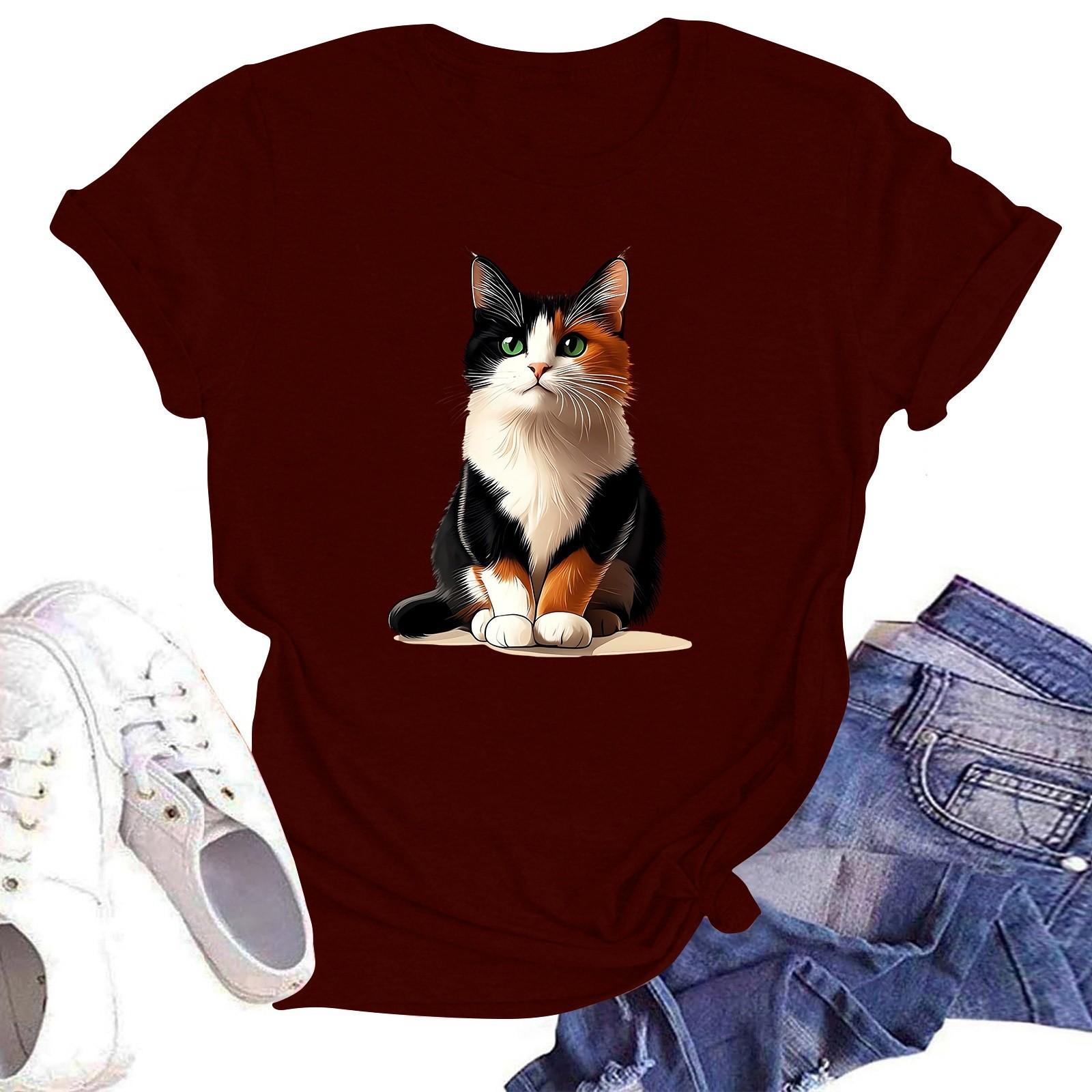 

Женская модная футболка с круглым вырезом и коротким рукавом, пуловер L винный