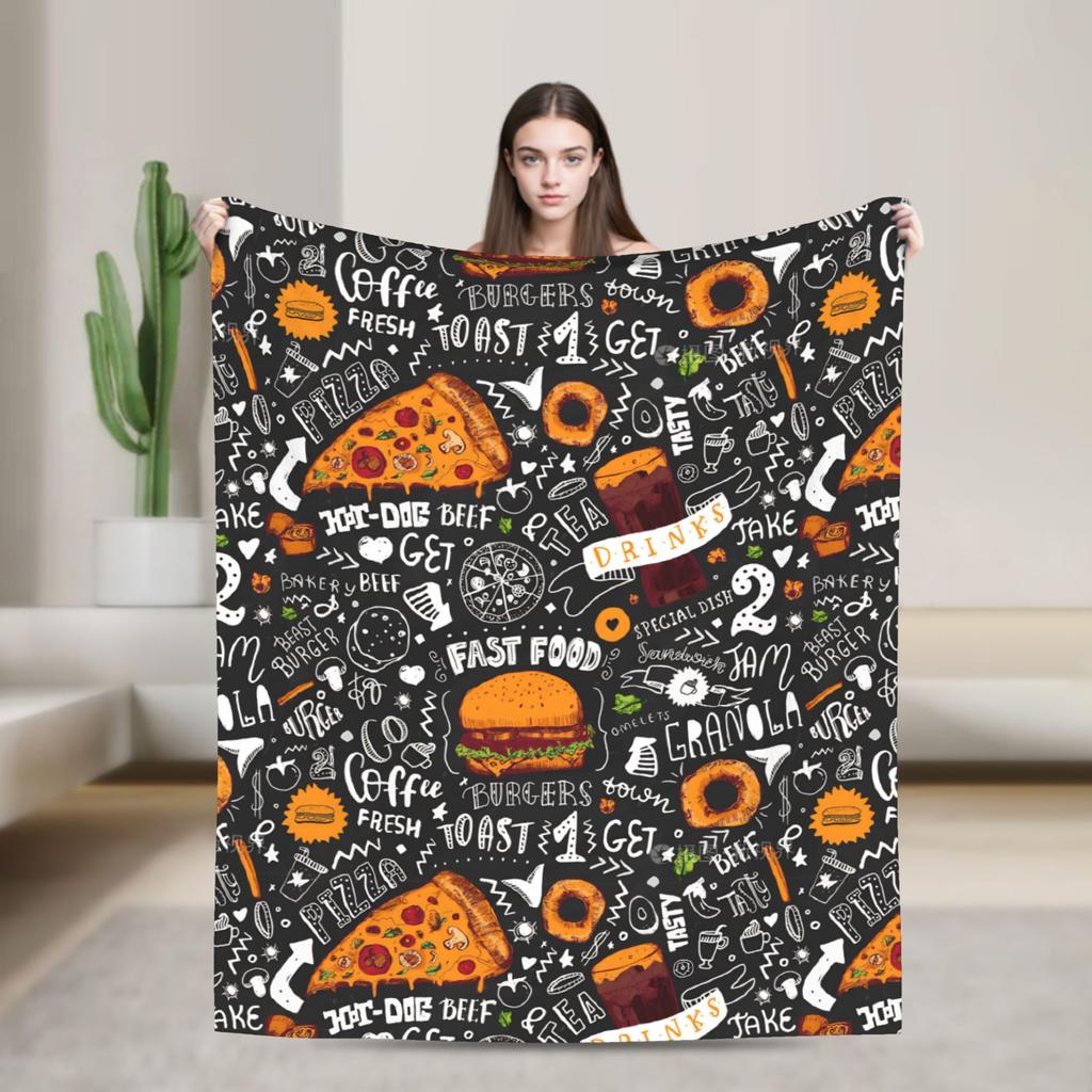 Fast Food Yummy Burger Pizza Doughnut Blankets Coral Fleece Plush All Season  Multi-function Soft Throw Blanket for Sofa