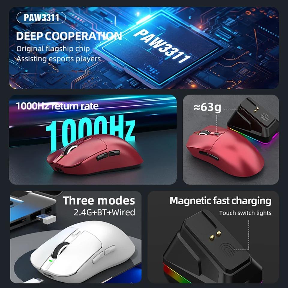 Rechargeable 12000DPI Wireless Mouse with Charging Dock Bluetooth 2.4G Wired Tri-Mode RGB Ergonomic Ultra-Light PC Gaming Mouse