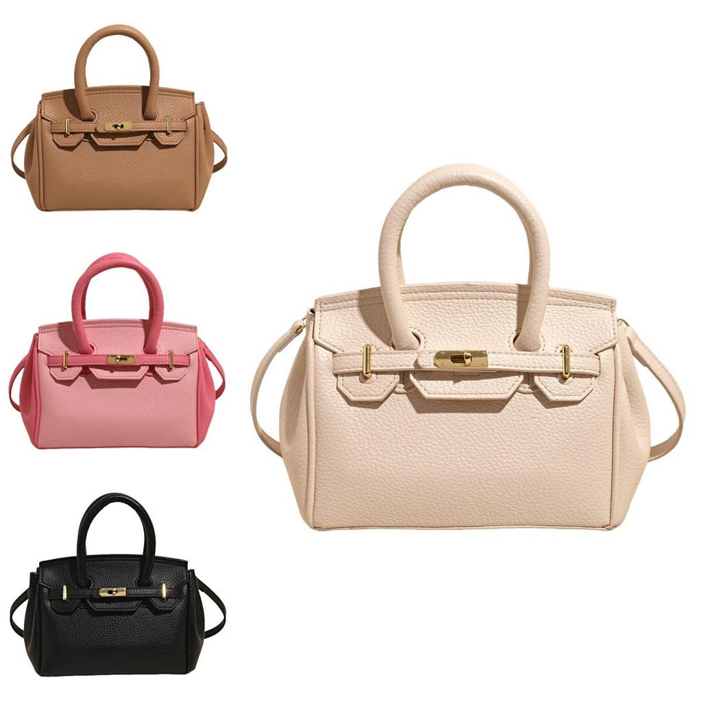 Solid Color Handheld Leather Bag With Lock Closure For Casual Outings