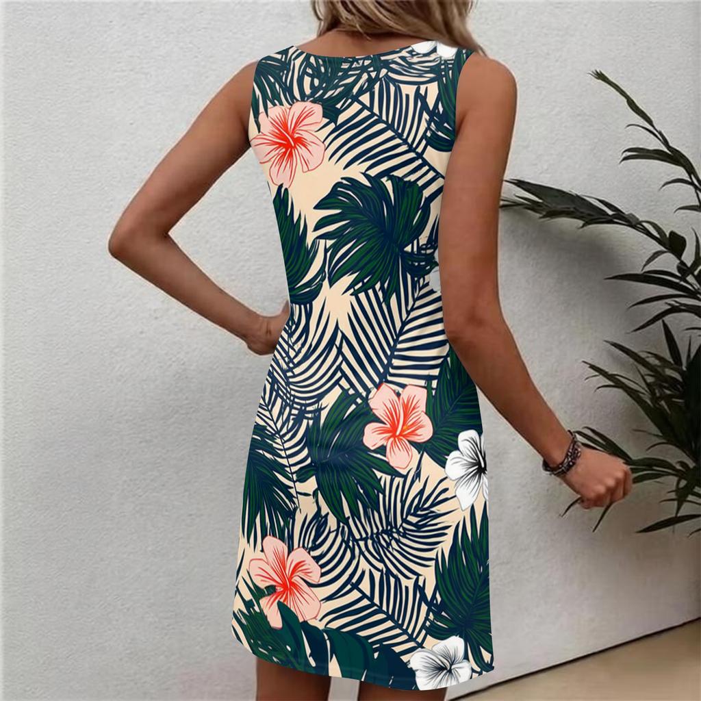 Modisches lässiges ärmelloses Damenkleid mit Rundhalsausschnitt und Blumenprint