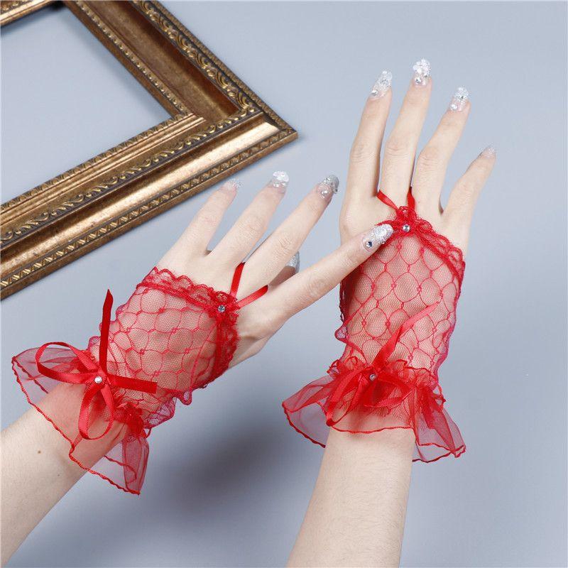 Lace Wrist Gloves Sheer Mesh Fingerless Gloves with Bow Accent and Ruffle Trim for Costume Party Accessory One Size