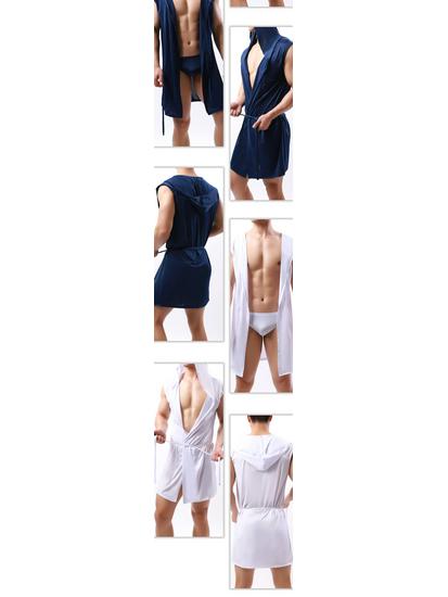 Men's Hooded Sleeveless Thin Silk Bathrobe, European Style, Six Colors Available, Does Not Include Underwear
